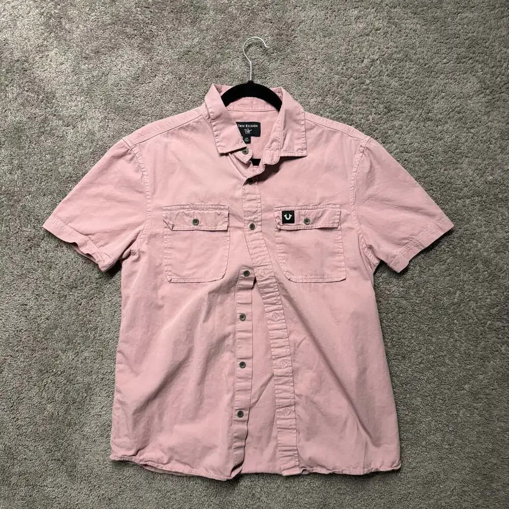 True Religion Men's Short Sleeve Button Down Shirt Pink Size S